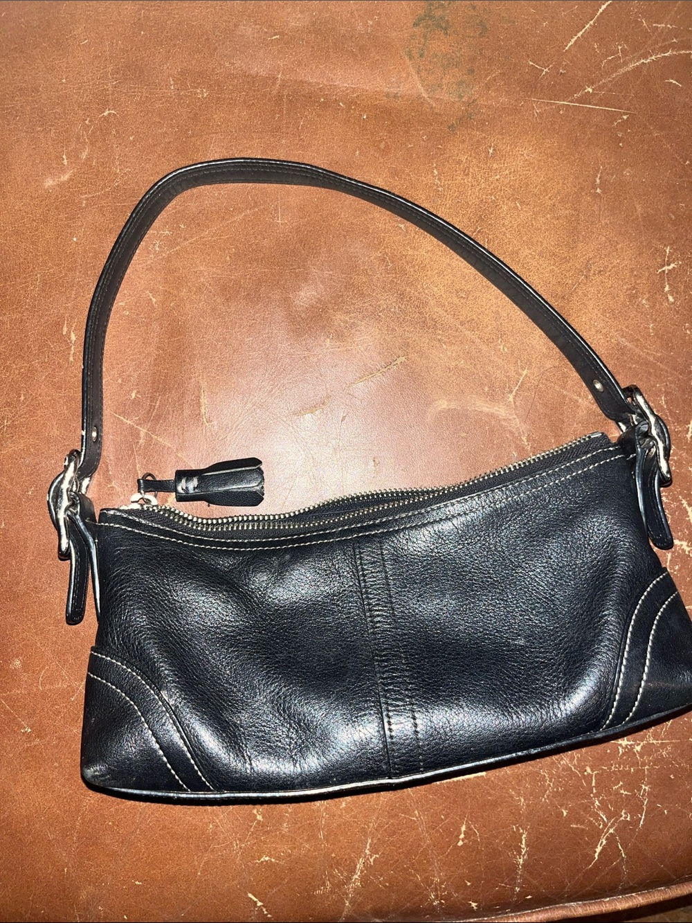 Vintage Coach Black Leather Hamptons Demi Baguette Shoulder Bag 8A64 Y2K mini